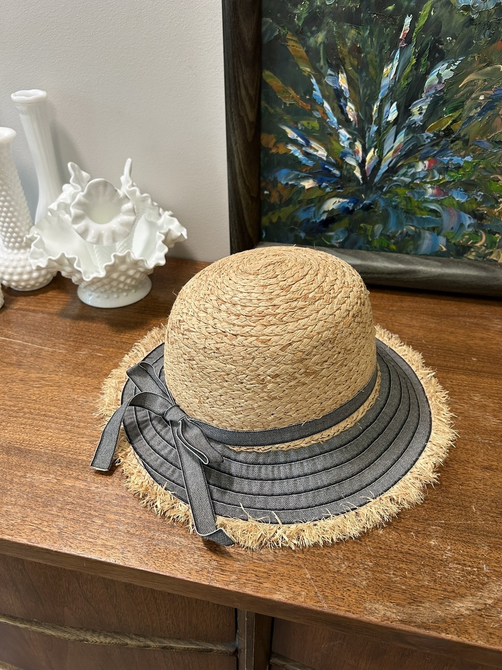 Tirabasso Made in Italy Braided Straw Sun Hat Grey Ribbon Frayed Edge